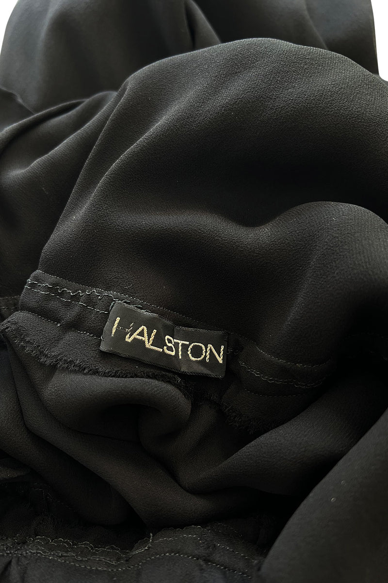 Minimalist Mid-1970s Halston Black Bias Cut Silk Chiffon Wrap Dress w Wide Sleeves
