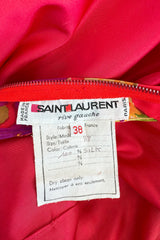Sensational 1972 Yves Saint Laurent Red Floral Silk Chiffon & Red Silk Dress w Balloon Sleeves & Pleat Detailing