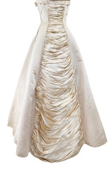 1950s Philip Hulitar Couture Strapless Gathered Front Champagne Ivory Silk Dress w Bow