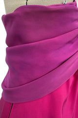 Spring 1985 Yves Saint Laurent Haute Couture Pink Silk Dress w Purple Bodice & Long Front Panel Detail