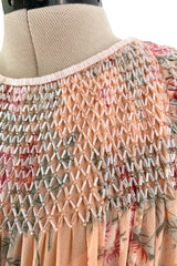 Incredible 1970s Hanae Mori Floral & Butterfly Peach Silk Chiffon Dress w Balloon Sleeves & Beading