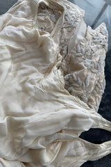 Amazing 1950s Mde. Etoile Ivory Silk Heavily Hand Beaded Demi Couture Dress w Scoop Back