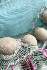 Prettiest Vintage Unlabeled Dusty Pale Blue Net Applique & Embroidered Dress w Ribbon Waist Tie