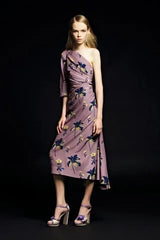 Resort 2008 Prada by Miuccia Prada Look 5 One Shoulder Floral Printed Silk Dress w Low Side Plunge