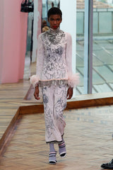 Resort 2018 Prada by Miuccia Ad Campaign & Runway Look 23 Pale Pink Tunic & Pant Set w Feather Cuffs