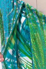 Phenomenal c.1972 La Mendola Hand Beaded Green Printed Caped One Shoulder Silk Jumpsuit
