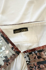 Late 1970s Ossie Clark White Jersey w Silver & Bronze Sequin Halter Dress w Matching Jacket