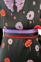 Rare Spring 1979 Chloe by Karl Lagerfeld Floral & Stripe Print Silk Dress w Matching Striped Belt