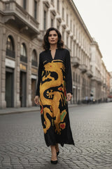 Pre-Fall 2022 Valentino by Pierpaolo Piccioli Black Silk Brilliant Dragon Printed Caftan Dress