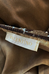 Phenomenal Spring 2005 Original Valentino Runway Look 56 Brown Yellow Floral Print Halter Dress w Sequin Waist Band