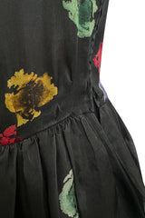 Spring 1981 Unlabeled Christian Dior Floral Print Silk Organza Dress w Ruffled Shoulders