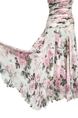 Prettiest 1970s Lanvin Couture Pastel Floral Print Strapless Silk Chiffon Dress w Balloon Sleeve Jacket