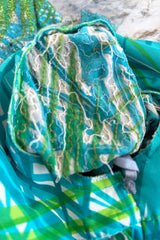 Phenomenal c.1972 La Mendola Hand Beaded Green Printed Caped One Shoulder Silk Jumpsuit