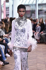 Resort 2018 Prada by Miuccia Ad Campaign & Runway Look 23 Pale Pink Tunic & Pant Set w Feather Cuffs