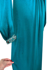 Stunning Spring 1971 Loris Azzaro Deep Turquoise Silk Jersey Dress w Densely Beaded Plunging Front Detail