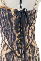 Sexiest 2003 Roberto Cavalli Laced Back Corset Leopard Print Silk Chiffon Dress w Stitched Panels