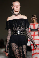 Spring 2017 Alexander McQueen by Saran Burton Runway Look 37 Off Shoulder Black Stretch Net Dress