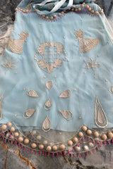 Prettiest Vintage Unlabeled Dusty Pale Blue Net Applique & Embroidered Dress w Ribbon Waist Tie