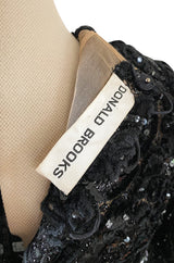 Incredible Fall 1970 Donald Brooks Runway Black Chenille & Sequin Net Lace Dress w Plunge Front
