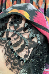 Stunning c 1990 Geoffrey Beene Strapless Sequin Bodice & Floral Silk Taffeta Dress w Shawl