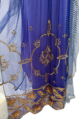 1960s Bloomingdales Label Royal Blue Silk Chiffon & Gold Thread Caftan