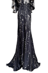 Outstanding Fall 2010 Alexander McQueen Gray Scale Print Silk Dress w Caped Sleeves & Trained Skirt