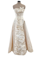 1950s Philip Hulitar Couture Strapless Gathered Front Champagne Ivory Silk Dress w Bow