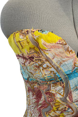 Very Rare Spring 2003 Roberto Cavalli Printed Silk & Net Boned Corset & Red Sequin Mini Skirt Set