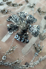 Important Fall 2003 Alexander McQueen 'Scanners" Runway Look 55 White Silk Corset Dress w Silver Sequins & Embroidery
