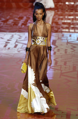 Phenomenal Spring 2005 Original Valentino Runway Look 56 Brown Yellow Floral Print Halter Dress w Sequin Waist Band