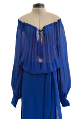 Superb Spring 2013 Yves Saint Laurent Hedi Slimane Debut Runway Blue Dress Silk Chiffon w Matching Cape & Sash