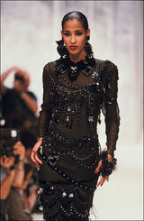 1987-1988 Christian Dior by Marc Bohan Textured Black Silk Skirt & Hand Beaded Corset Set