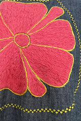 Fabulous 1960s Josefa Hand Muted Charcoal & Coral Cotton Caftan w Hand Embroidered Details