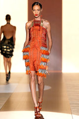 Iconic Spring 2011 Gucci by Frida Giannini Runway Look 41 Burnt Orange Silk Cord, Brass & Feather Dress