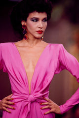 Iconic Spring 1985 Yves Saint Laurent Haute Couture Runway Pale Green Silk Dress w Front Plunge & Tie