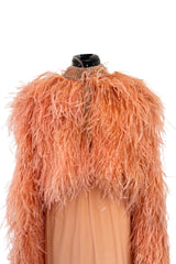 Documented 1960s Tiziani Couture by Karl Lagerfeld Peach Silk Plunge Dress w Matching Feather Cape