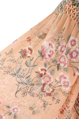 Incredible 1970s Hanae Mori Floral & Butterfly Peach Silk Chiffon Dress w Balloon Sleeves & Beading