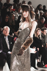 Fall 2015 Ralph Lauren Purple Label Runway Finale Look 43 Bronze Sequin Halter Dress w Open Back