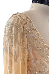 2000s Christian Dior by John Galliano Peach Silk Chiffon & Silver Beaded Bias Cut Dress