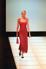 Stunning Fall 1998-99 Giorgio Armani Red Beaded & Sequin Long Skirt & Wrap Top Dress Set