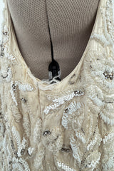 Amazing 1950s Mde. Etoile Ivory Silk Heavily Hand Beaded Demi Couture Dress w Scoop Back