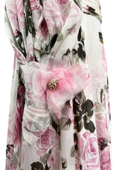 Prettiest 1970s Lanvin Couture Pastel Floral Print Strapless Silk Chiffon Dress w Balloon Sleeve Jacket
