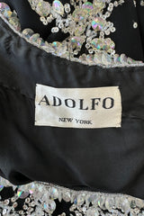 Incredible 1960s Adolfo Black Silk Chiffon One Shoulder Dress w Extensive Hand Bead & Sequin Detailing