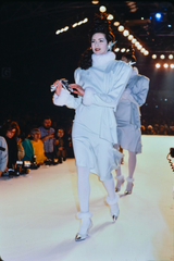 Ultra Rare Fall 1986 Thierry Mugler Ad / Runway Pale Ice Blue Suit w Faux Fur Cuffs & Collar