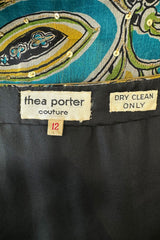 Rare 1960s Thea Porter Couture Printed Silk Chiffon Dress w Gold Sequins & Gold Metal Thread Detailing