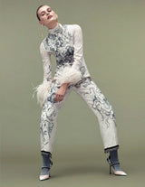 Resort 2018 Prada by Miuccia Ad Campaign & Runway Look 23 Pale Pink Tunic & Pant Set w Feather Cuffs