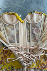 Very Rare Spring 2003 Roberto Cavalli Printed Silk & Net Boned Corset & Red Sequin Mini Skirt Set