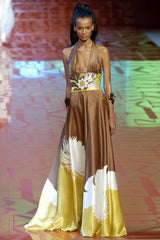 Phenomenal Spring 2005 Original Valentino Runway Look 56 Brown Yellow Floral Print Halter Dress w Sequin Waist Band