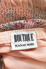 Incredible 1970s Hanae Mori Floral & Butterfly Peach Silk Chiffon Dress w Balloon Sleeves & Beading