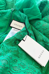 Remarkable Resort 2019 Gucci by Alessandro Michele Runway Look 9 Green Lace & Net Ruffle Dress w Train